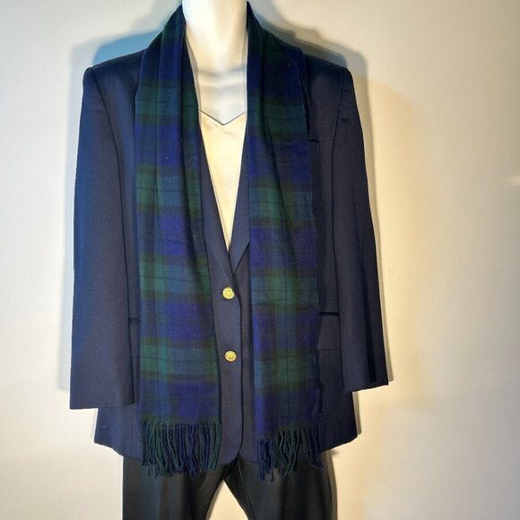 Cashmaire Italian Navy & Green Tartan Plaid Scarf  parisian old money academia - Picture 4 of 6